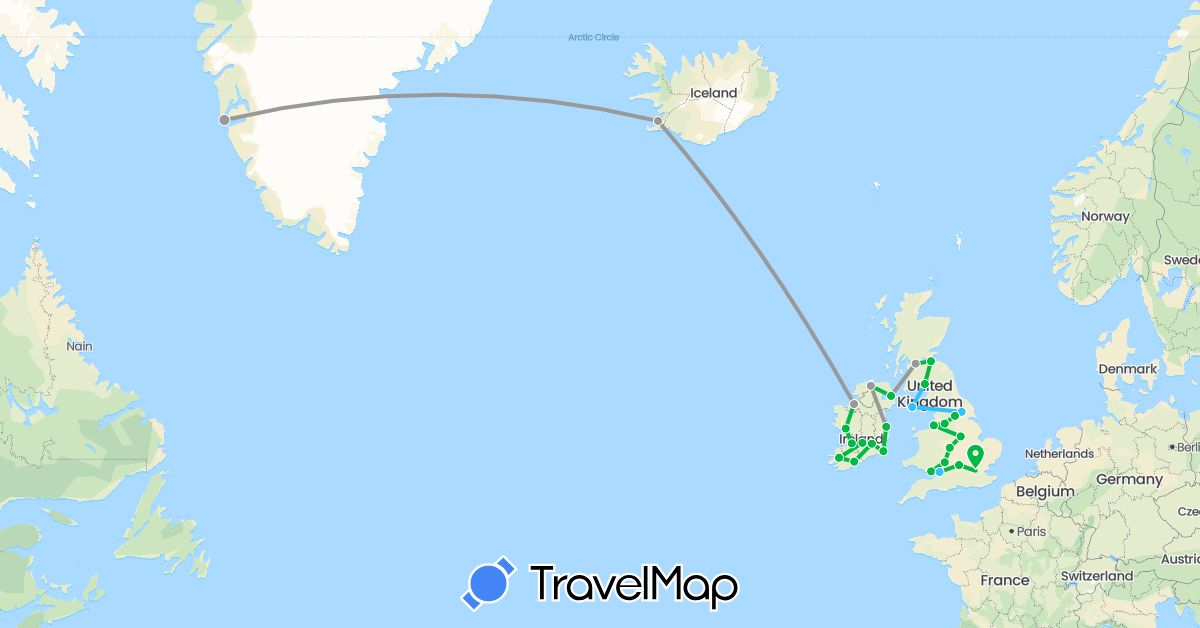 TravelMap itinerary: driving, bus, plane, boat in United Kingdom, Greenland, Ireland, Isle of Man, Iceland (Europe, North America)